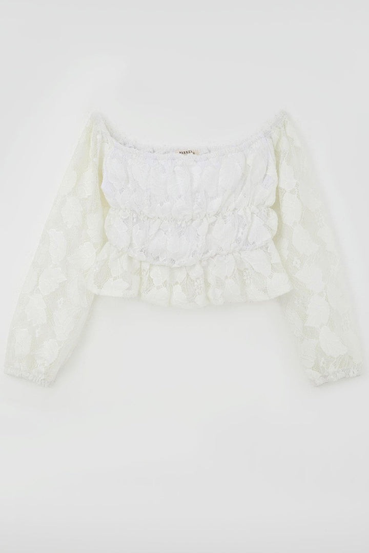 BRE Breeze Girl Child Long Sleeve Lace Crop Top Leaf Patterned 94 Years, White - Covilhã