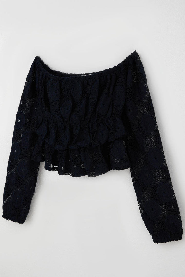BRE Breeze Girl Child Long Sleeve Lace Crop Top with Flower Motif 94 Years, Navy Blue - Cisterna di Latina