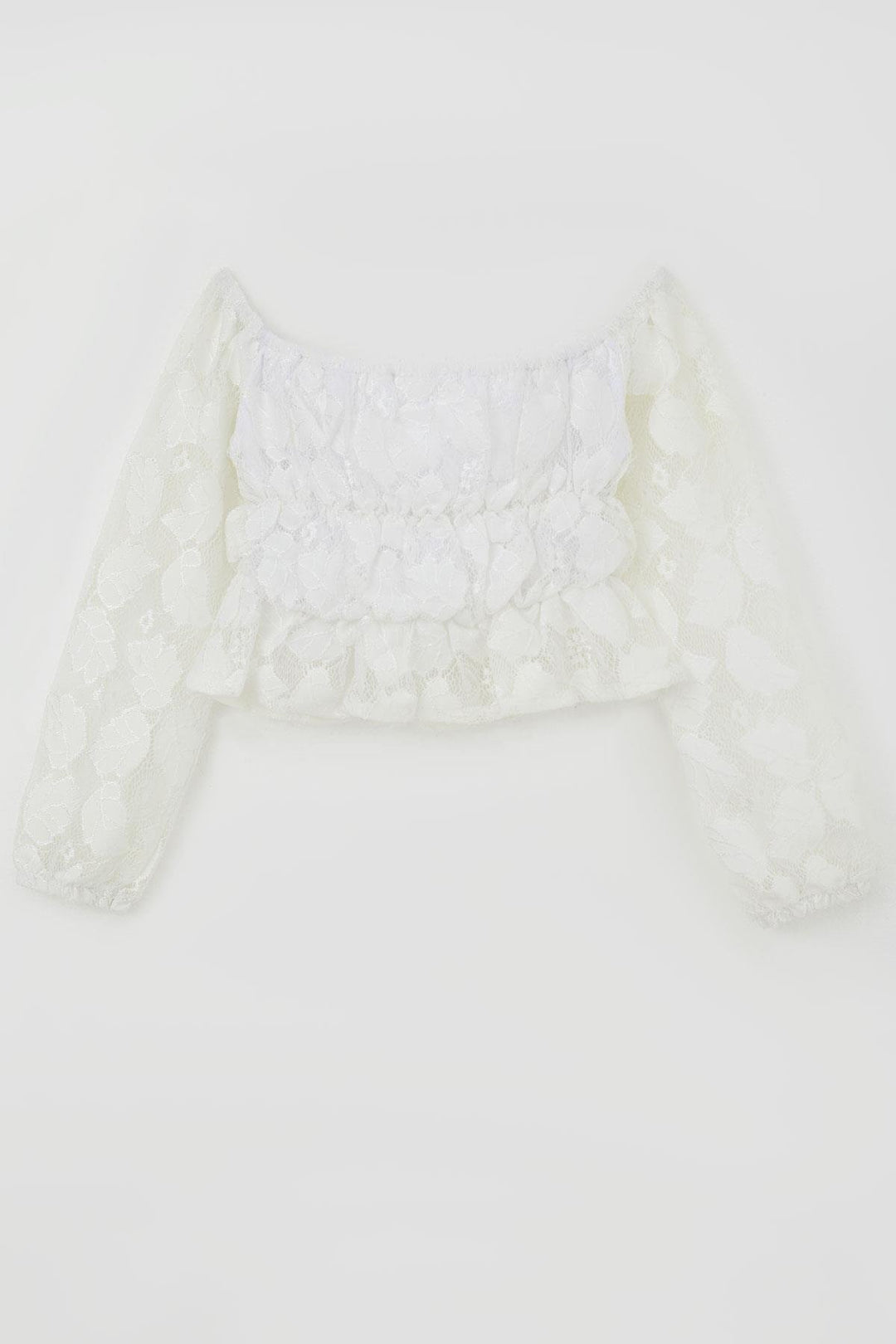 BRE Breeze Kız Çocuk Uzun Kollu Dantelli Crop Bluz Yaprak Desenli 94 Yaş, Beyaz - Miramar
