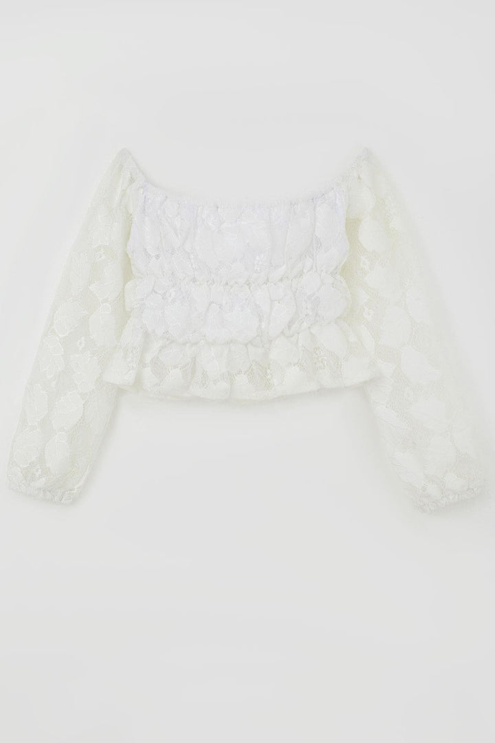 BRE Breeze Kız Çocuk Uzun Kollu Dantelli Crop Bluz Yaprak Desenli 94 Yaş, Beyaz - Miramar