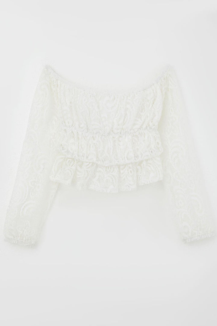 BRE Breeze Girl Child Long Sleeve Lace Crop Top with Flower Pattern, White, 94 Years - Kyiv