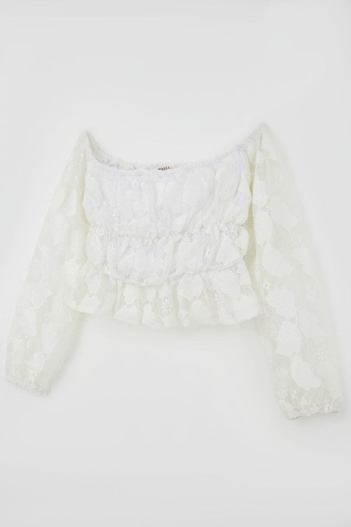 BRE Breeze Girl Child Long Sleeve Lace Crop Top Leaf Patterned 94 Years, White - Covilhã