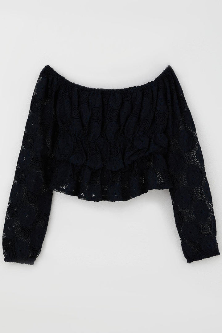 BRE Breeze Girl Child Long Sleeve Lace Crop Top with Flower Motif 94 Years, Navy Blue - Cisterna di Latina