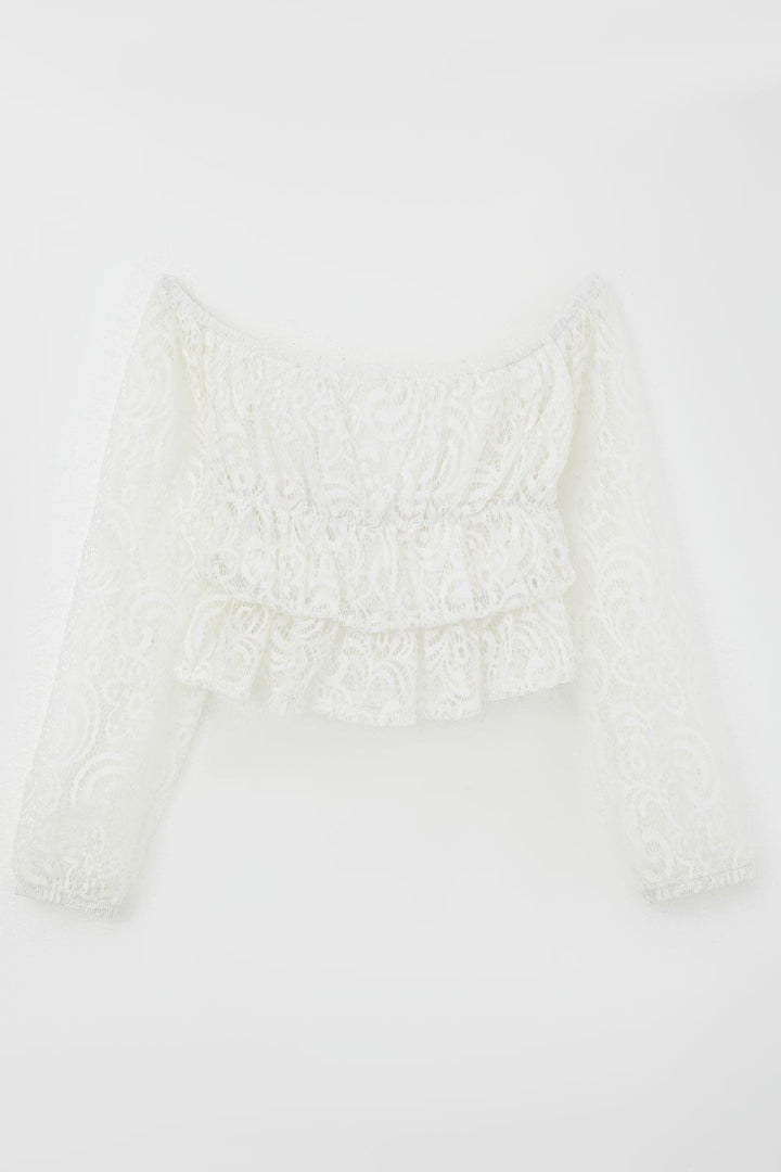 BRE Breeze Girl Child Long Sleeve Lace Crop Top with Flower Pattern, White, 94 Years - Kyiv