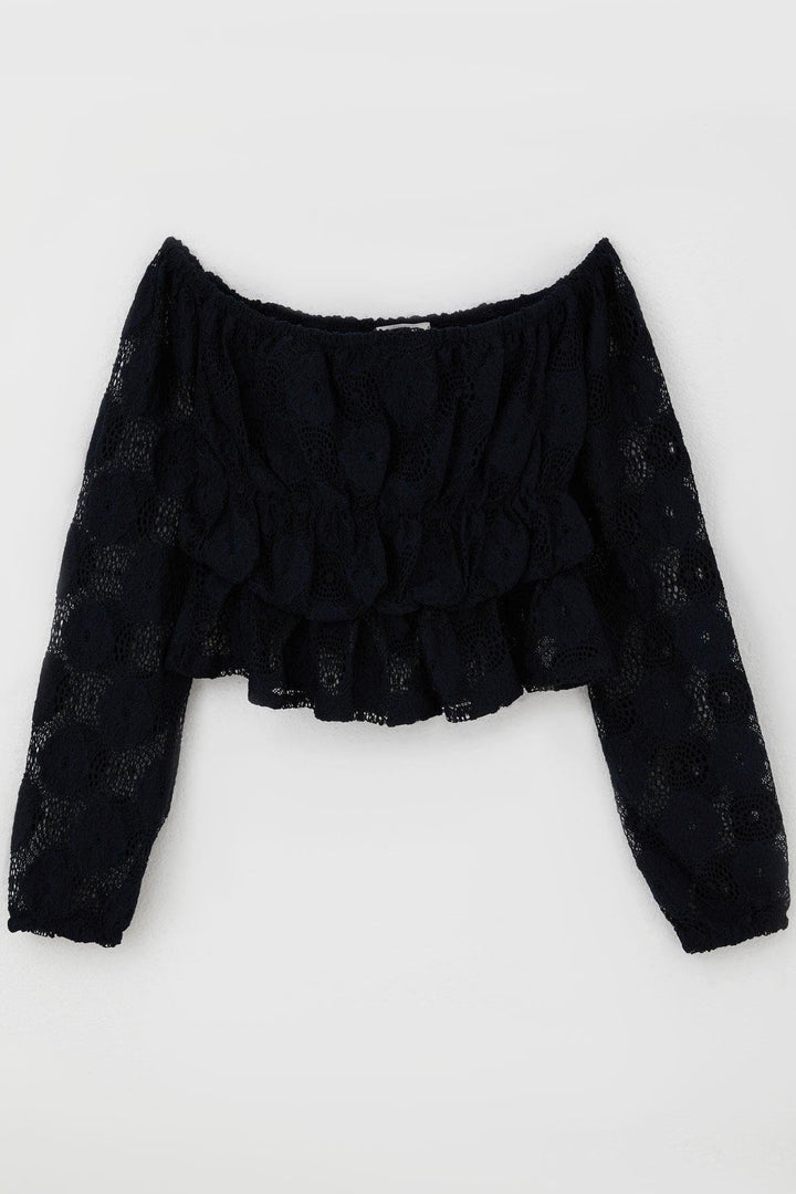 BRE Breeze Girl Child Long Sleeve Lace Crop Top with Flower Motif 94 Years, Navy Blue - Cisterna di Latina