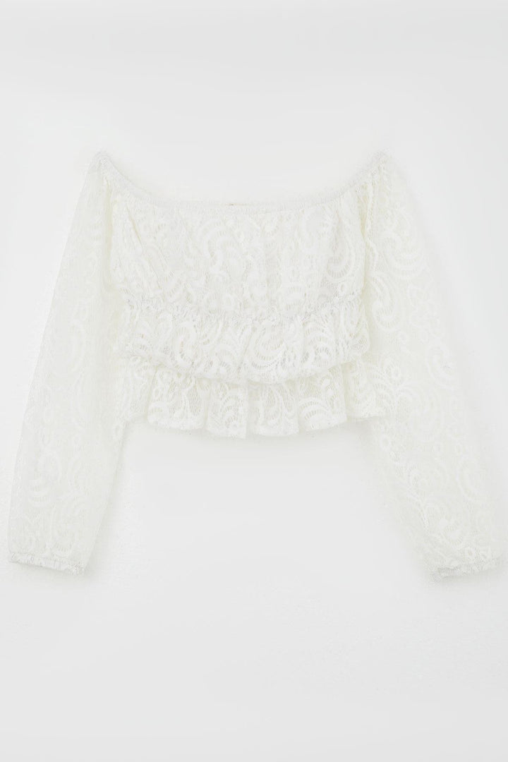 BRE Breeze Girl Child Long Sleeve Lace Crop Top with Flower Pattern, White, 94 Years - Kyiv