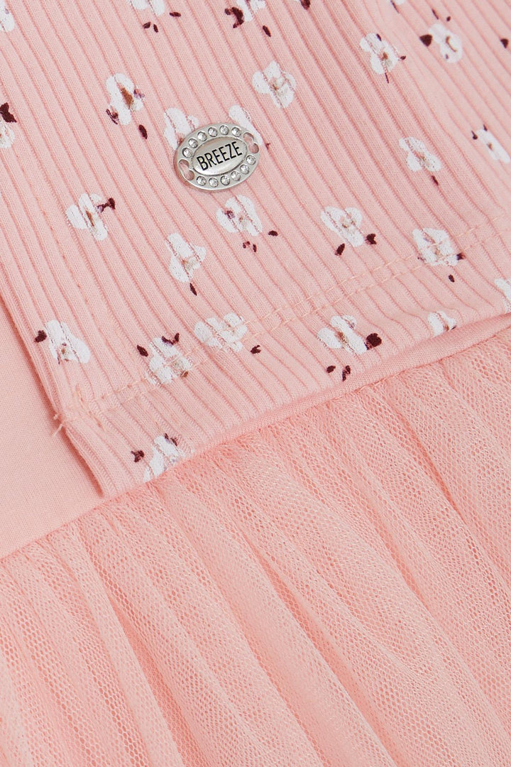 BRE Breeze Girl Child Long Sleeve Dress with Tulle Flower Pattern, 3-8 Years, Salmon - Ipswich
