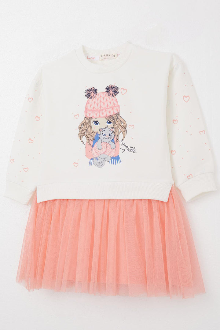BRE Breeze Girl Child Long Sleeve Dress Friend Themed Heart Patterned Sleeves 2-6 Years, Ecru - Perth
