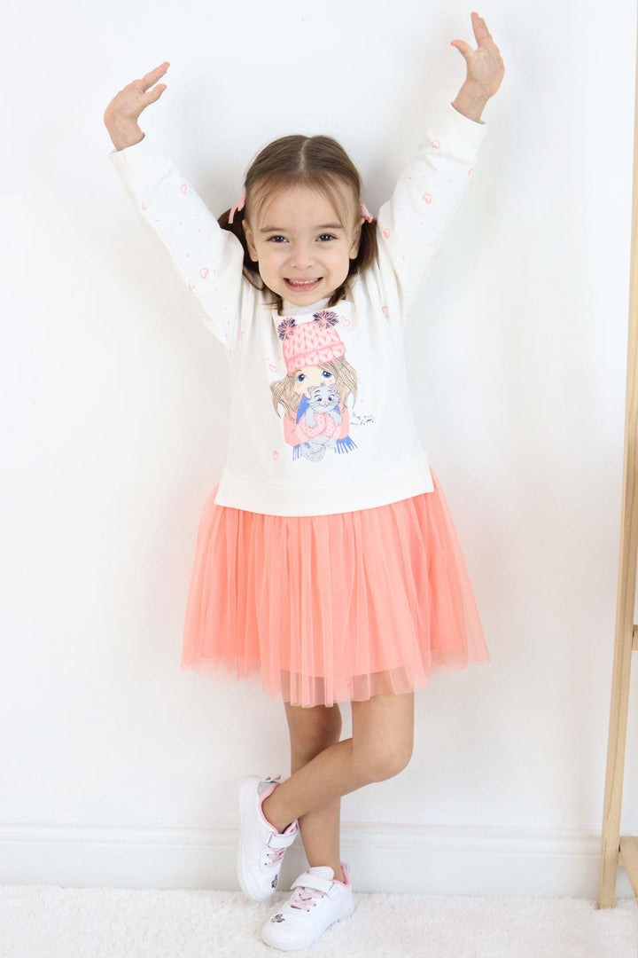 BRE Breeze Girl Child Long Sleeve Dress Friend Themed Heart Patterned Sleeves 2-6 Years, Ecru - Perth