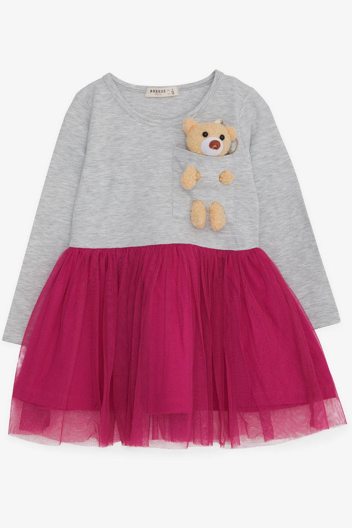 BRE Breeze Girl Child Long Sleeve Dress with Bear Accessory, 3-8 Years, Light Grey Melange - West Covina