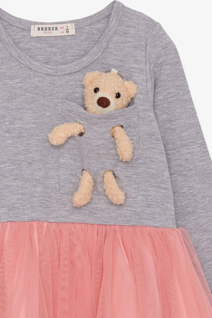 BRE Breeze Girl Child Long Sleeve Dress with Bear Accessory, 3-8 Years, Grey Melange - Rosenberg