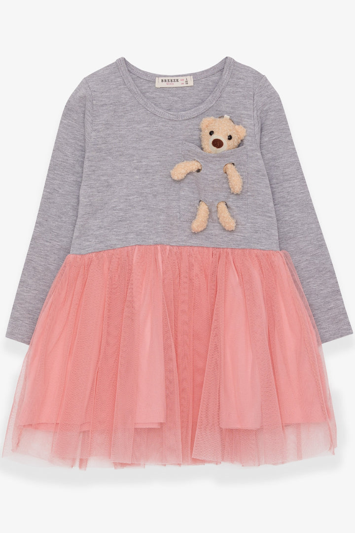 BRE Breeze Girl Child Long Sleeve Dress with Bear Accessory, 3-8 Years, Grey Melange - Rosenberg