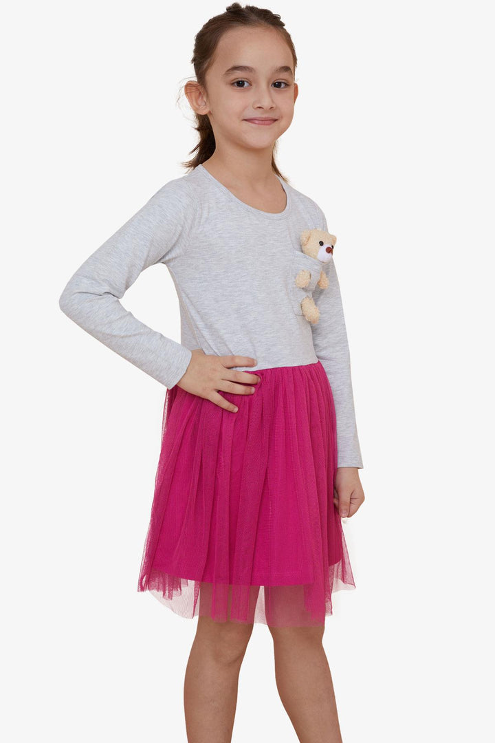 BRE Breeze Girl Child Long Sleeve Dress with Bear Accessory, 3-8 Years, Light Grey Melange - West Covina