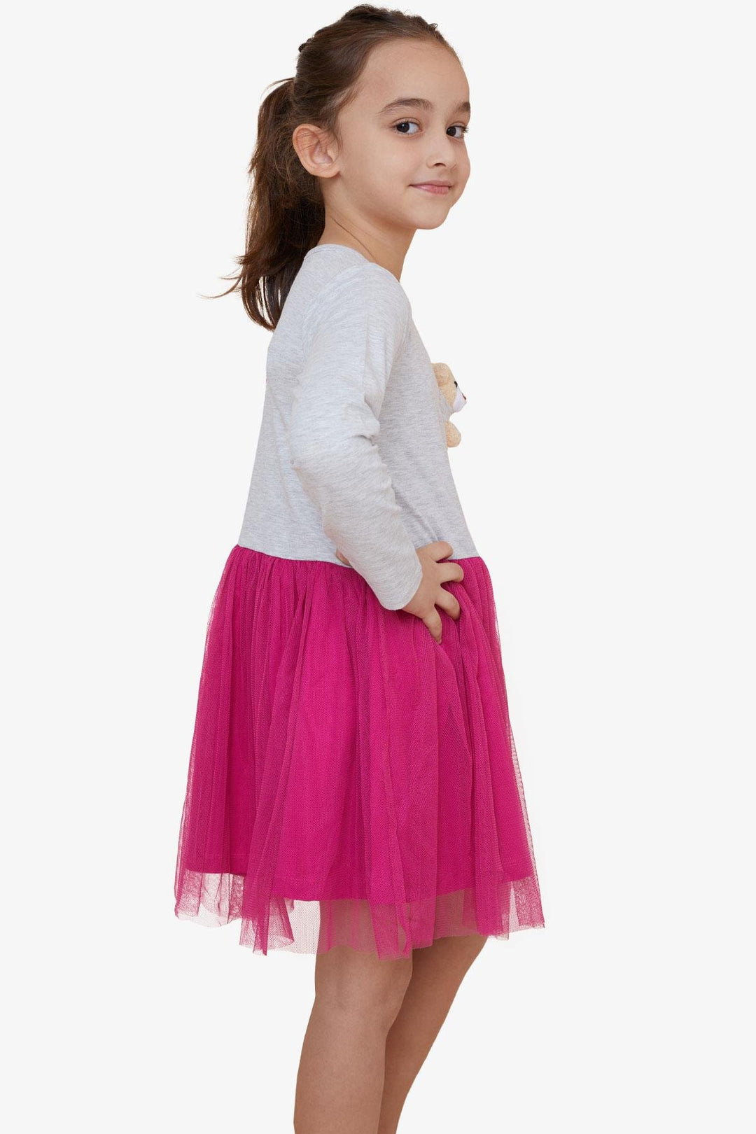 BRE Breeze Girl Child Long Sleeve Dress with Bear Accessory, 3-8 Years, Light Grey Melange - West Covina