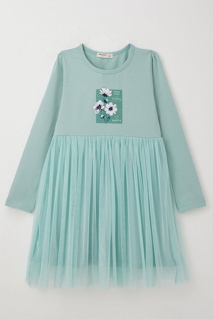 BRE Breeze Girl Child Long Sleeve Dress Spring Themed Flower Printed 4-9 Years, Aqua Green - Redcar
