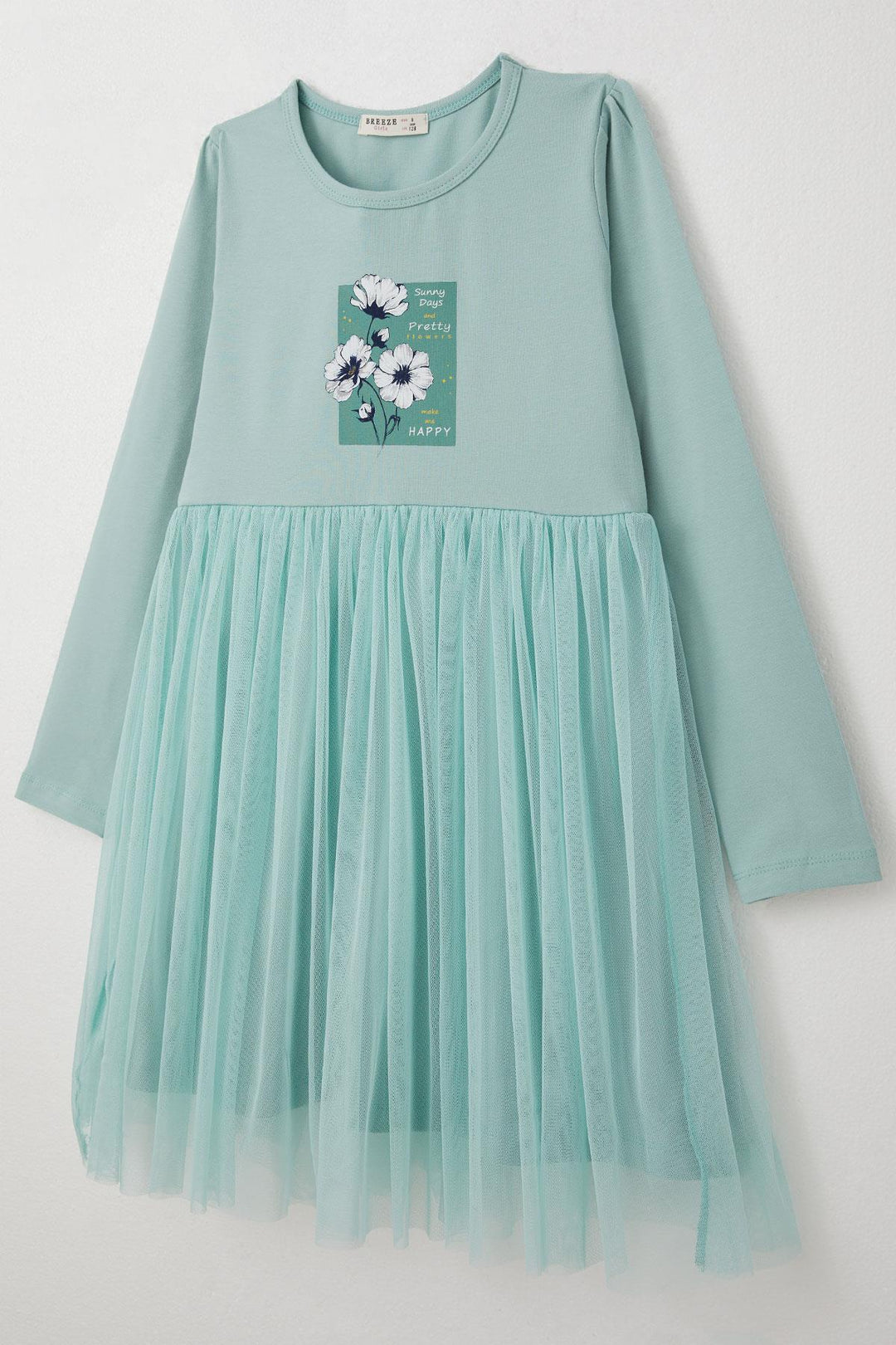 BRE Breeze Girl Child Long Sleeve Dress Spring Themed Flower Printed 4-9 Years, Aqua Green - Redcar