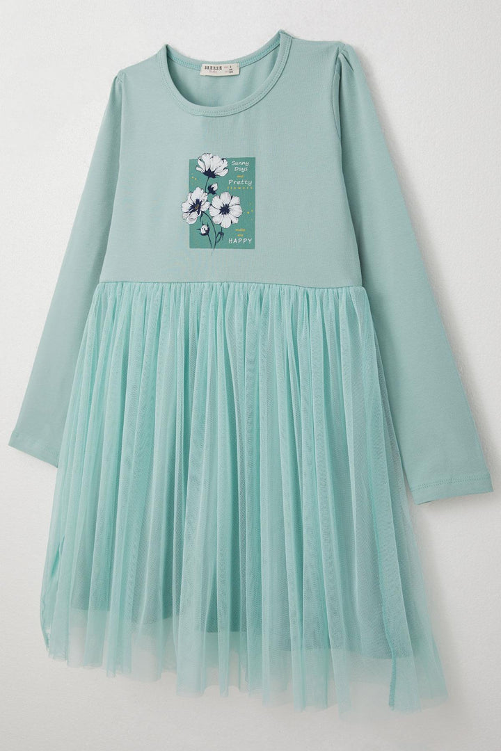 BRE Breeze Girl Child Long Sleeve Dress Spring Themed Flower Printed 4-9 Years, Aqua Green - Redcar