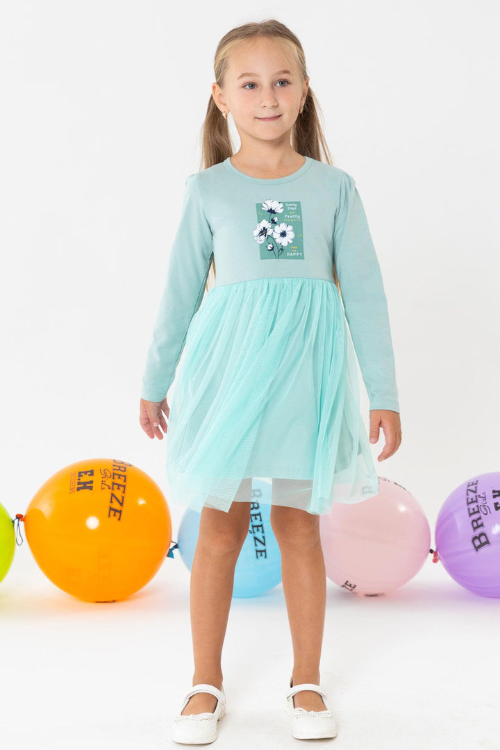 BRE Breeze Girl Child Long Sleeve Dress Spring Themed Flower Printed 4-9 Years, Aqua Green - Redcar