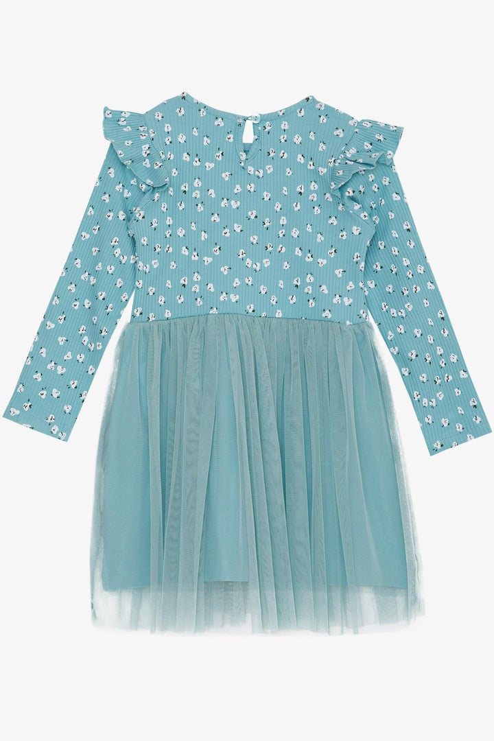 BRE Breeze Girl Child Long Sleeve Dress with Flower Pattern Ruffled Shoulders 3-8 Years, Aqua Green - Fountain Valley