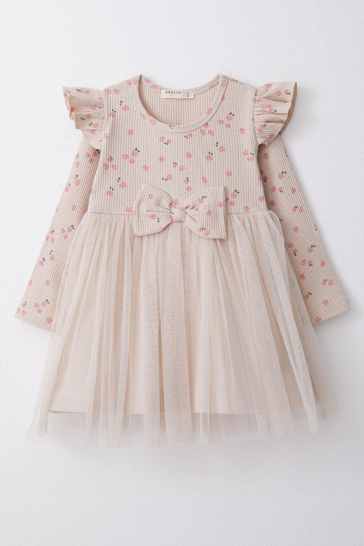 BRE Breeze Girl Child Long Sleeve Dress with Floral Bow Tulle 1.5-5 Years, Beige - Glenrothes