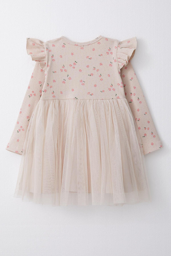 BRE Breeze Girl Child Long Sleeve Dress with Floral Bow Tulle 1.5-5 Years, Beige - Glenrothes