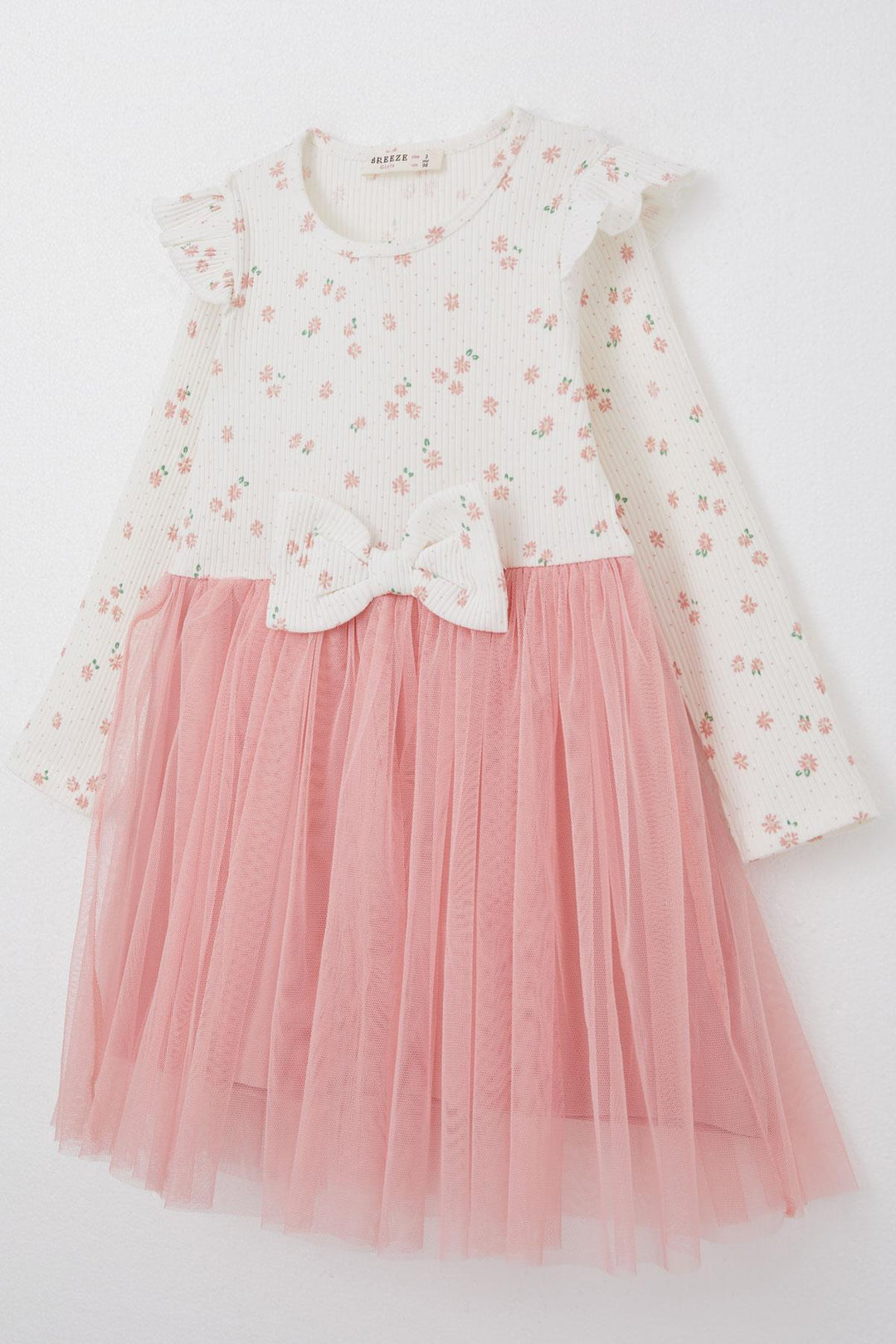 BRE Breeze Girl Child Long Sleeve Dress with Flower Pattern Bow 3-8 Years, Ecru - Biel/Bienne