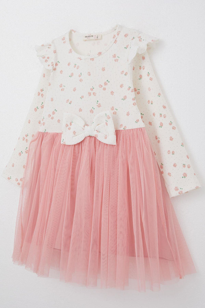 BRE Breeze Girl Child Long Sleeve Dress with Flower Pattern Bow 3-8 Years, Ecru - Biel/Bienne