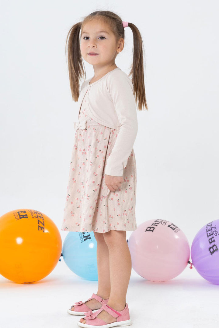BRE Breeze Girl Child Long Sleeve Dress with Floral Bow 3-8 Years, Beige - Ontario