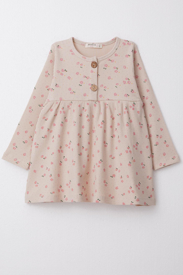 BRE Breeze Girl Child Long Sleeve Dress with Floral Buttoned 1.5-5 Years, Beige - Apan