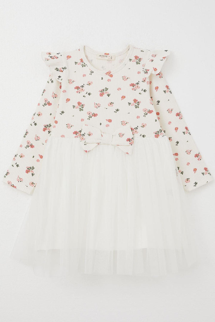 BRE Breeze Girl Child Long Sleeve Dress with Flower Pattern Bow 3-8 Years, Ecru - Adelanto