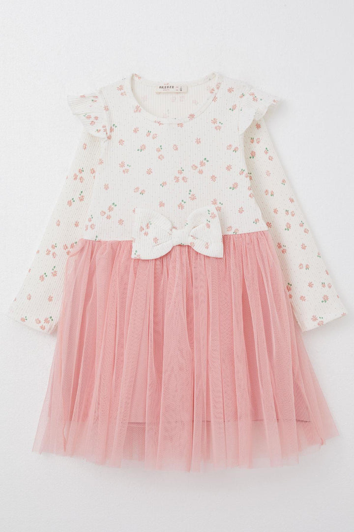 BRE Breeze Girl Child Long Sleeve Dress with Flower Pattern Bow 3-8 Years, Ecru - Biel/Bienne