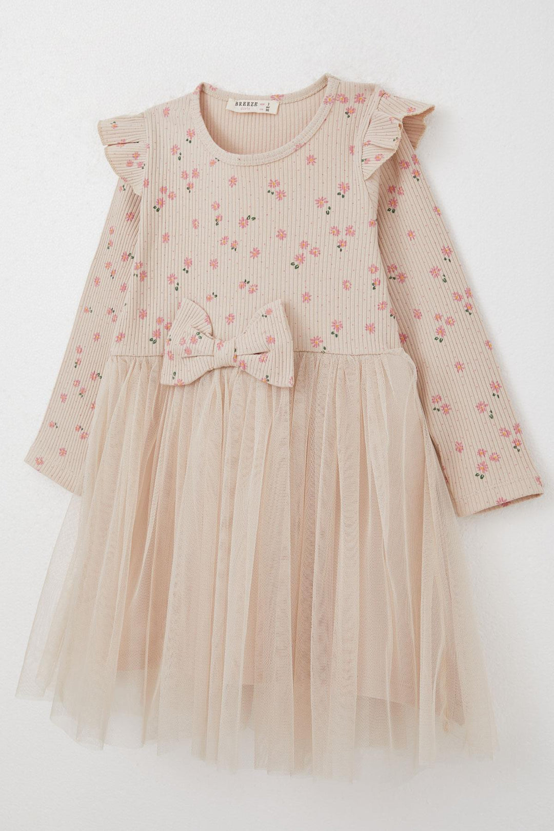 BRE Breeze Girl Child Long Sleeve Dress with Flower Pattern Bow 3-8 Years, Beige - Rubizhne