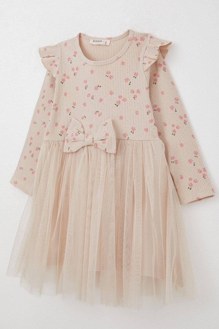 BRE Breeze Girl Child Long Sleeve Dress with Flower Pattern Bow 3-8 Years, Beige - Rubizhne