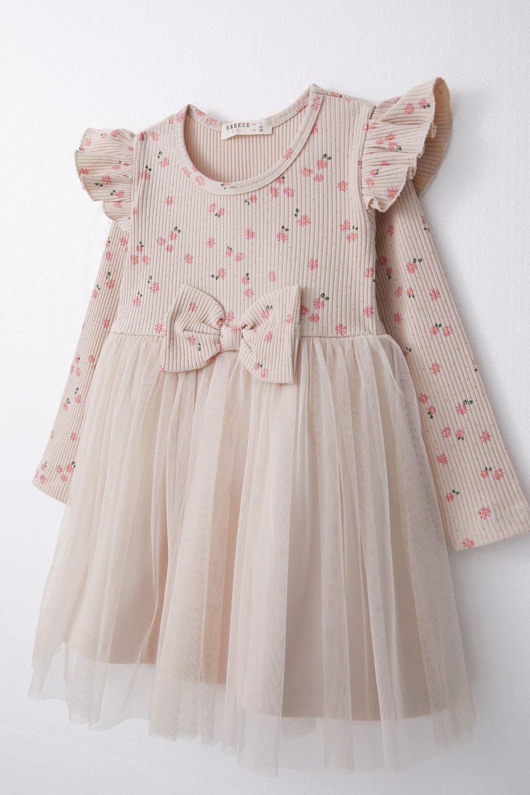 BRE Breeze Girl Child Long Sleeve Dress with Floral Bow Tulle 1.5-5 Years, Beige - Glenrothes