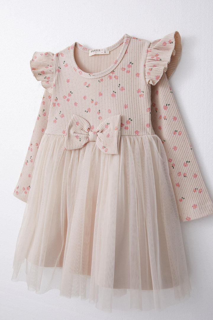 BRE Breeze Girl Child Long Sleeve Dress with Floral Bow Tulle 1.5-5 Years, Beige - Glenrothes