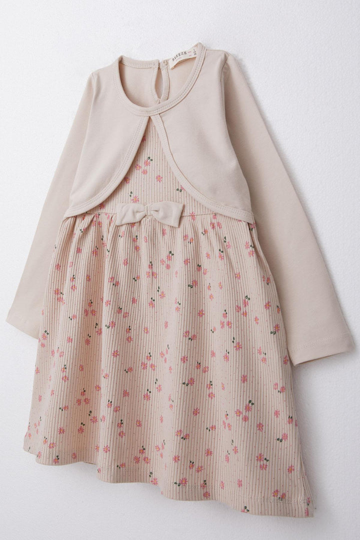 BRE Breeze Girl Child Long Sleeve Dress with Floral Bow 3-8 Years, Beige - Ontario