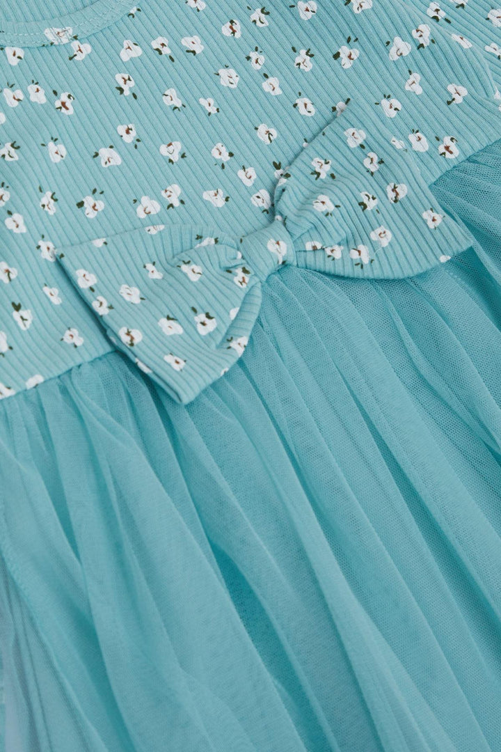BRE Breeze Girl Child Long Sleeve Dress with Flower Pattern Ruffled Bow 3-7 Years, Aqua Green - Blackpool