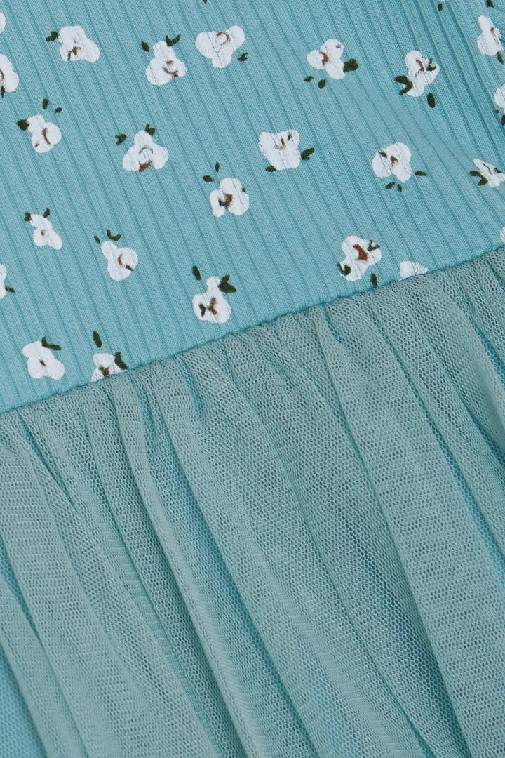 BRE Breeze Girl Child Long Sleeve Dress with Flower Pattern Ruffled Shoulders 3-8 Years, Aqua Green - Fountain Valley