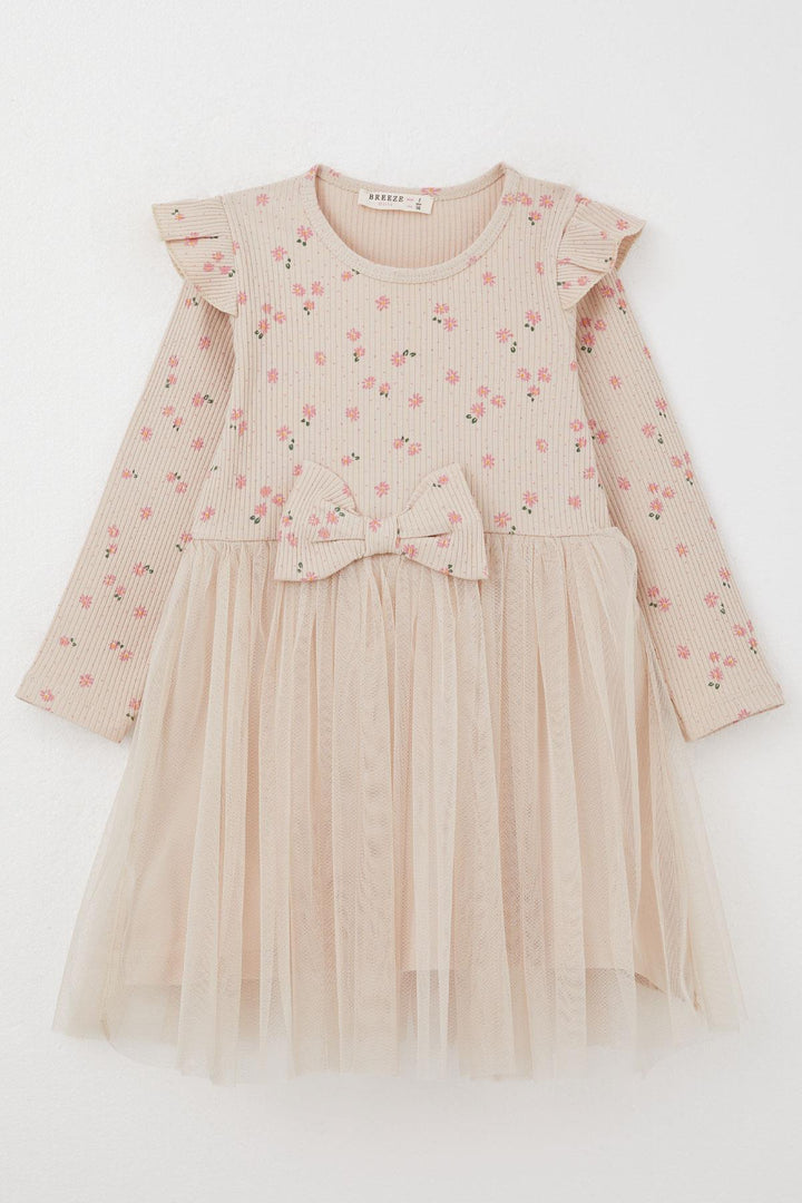 BRE Breeze Girl Child Long Sleeve Dress with Flower Pattern Bow 3-8 Years, Beige - Rubizhne