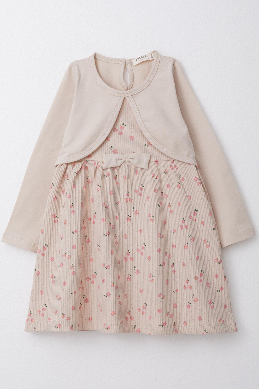 BRE Breeze Girl Child Long Sleeve Dress with Floral Bow 3-8 Years, Beige - Ontario