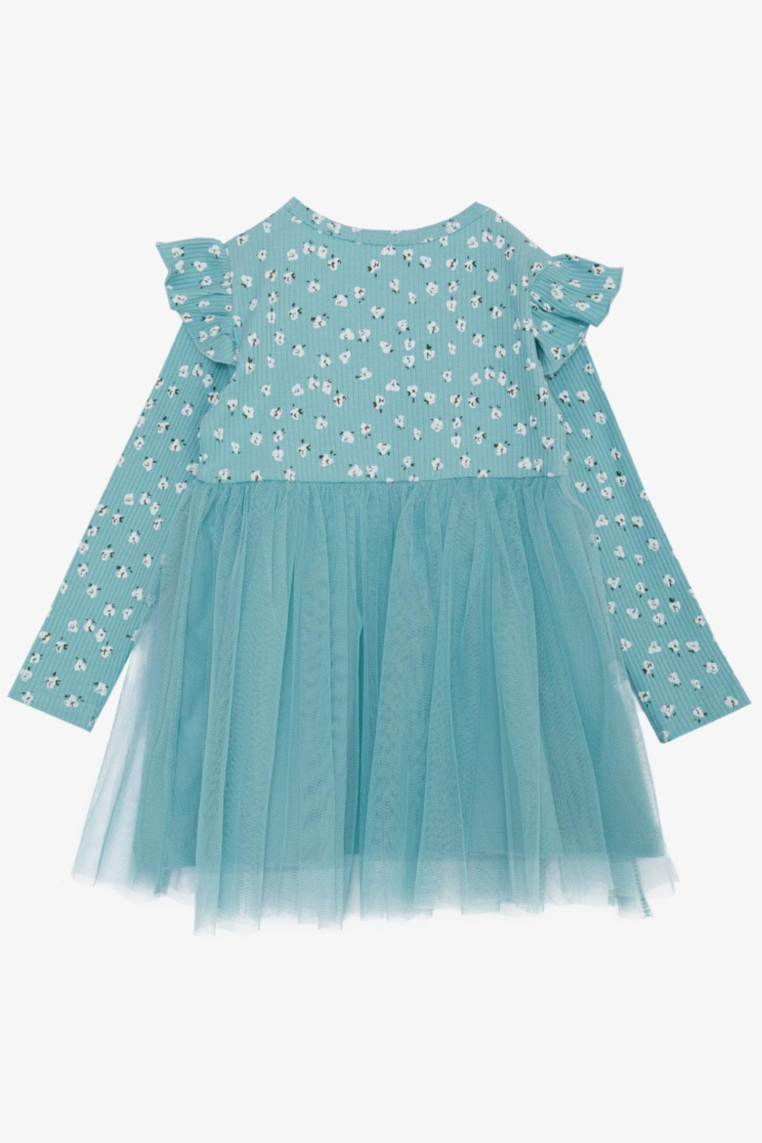 BRE Breeze Girl Child Long Sleeve Dress with Flower Pattern Ruffled Bow 3-7 Years, Aqua Green - Blackpool