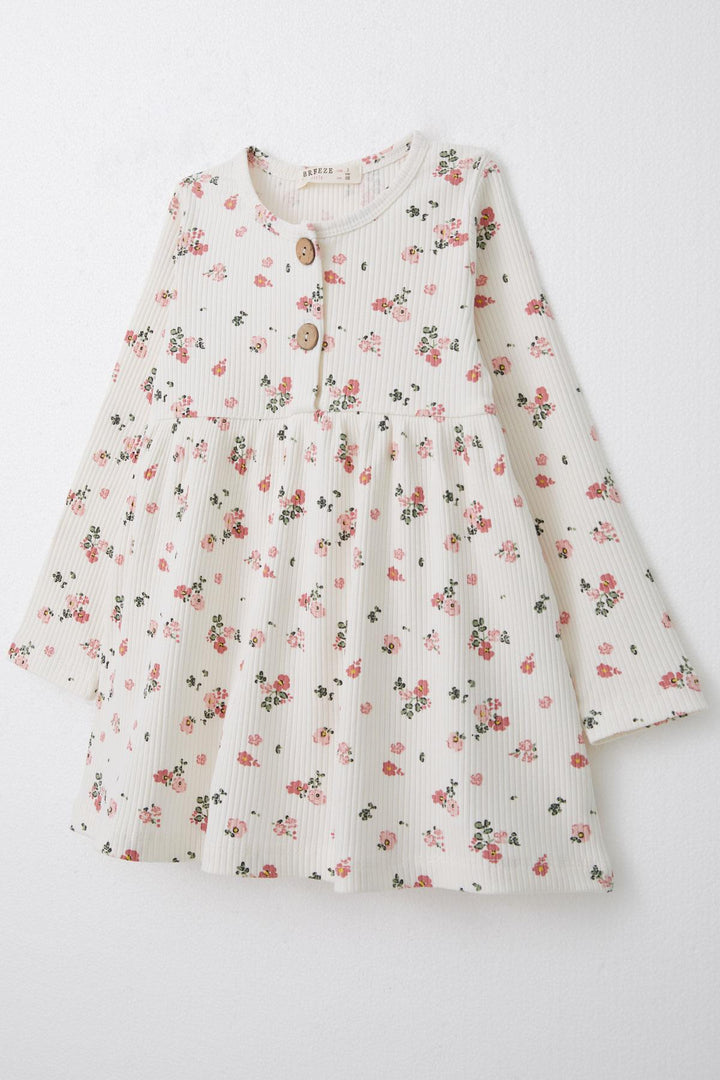 BRE Breeze Girl Child Long Sleeve Dress with Floral Buttoned 1.5-5 Years, Ecru - Almere