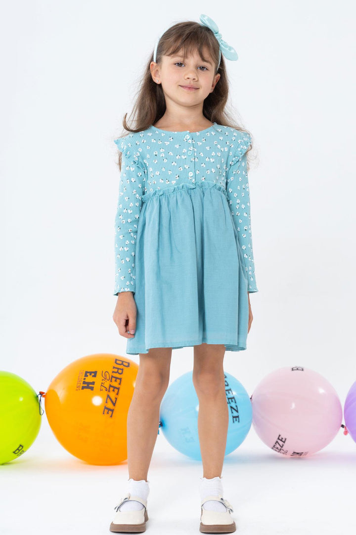 فستان بناتي بأكمام طويلة من BRE Breeze مع نقش زهور وأكتاف مكشكشة بأزرار لعمر 2-6 سنوات، أخضر مائي - أنسباخ