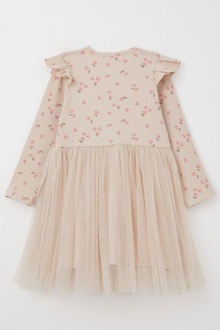 BRE Breeze Girl Child Long Sleeve Dress with Flower Pattern Bow 3-8 Years, Beige - Rubizhne