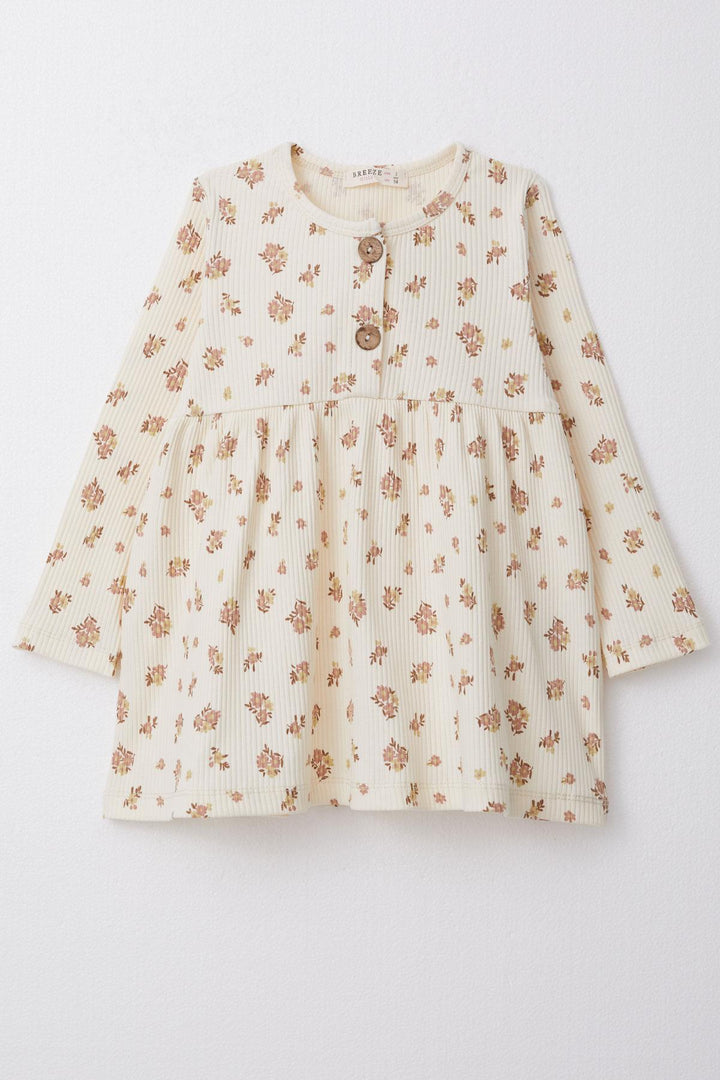 BRE Breeze Girl Child Long Sleeve Dress with Floral Button 1.5-5 Years, Cream - Fresnillo