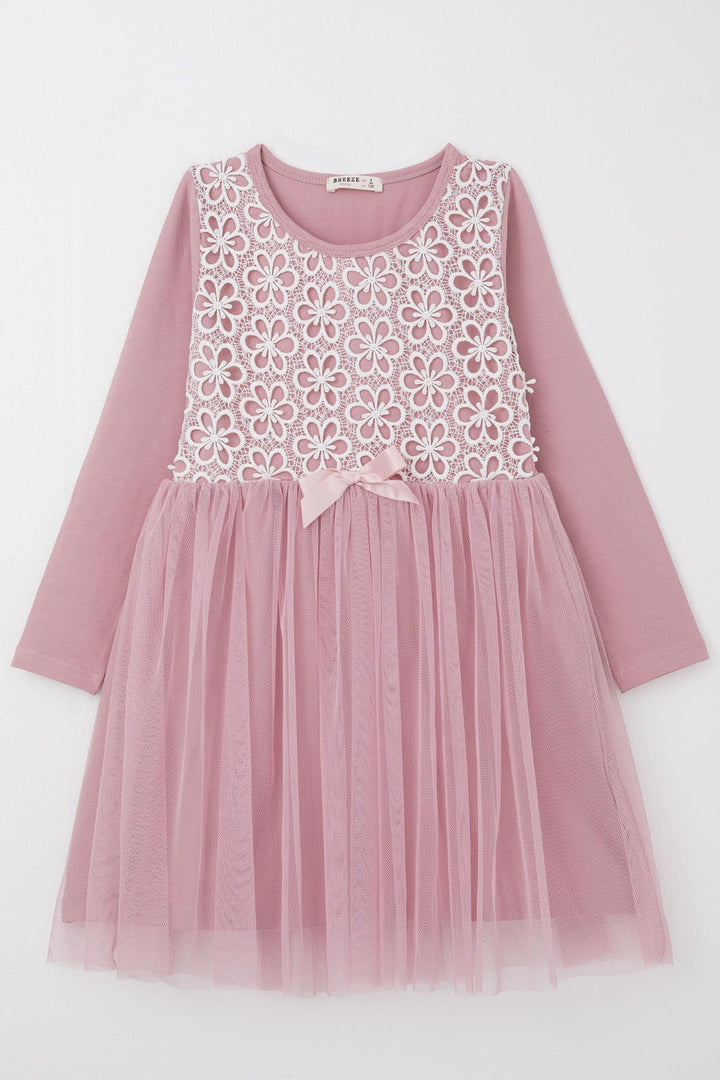 BRE Breeze Girl Child Long Dress with Flower Guipure Embroidery, 4-8 Years, Rose Pink - Ciudad de Huajuapam de León