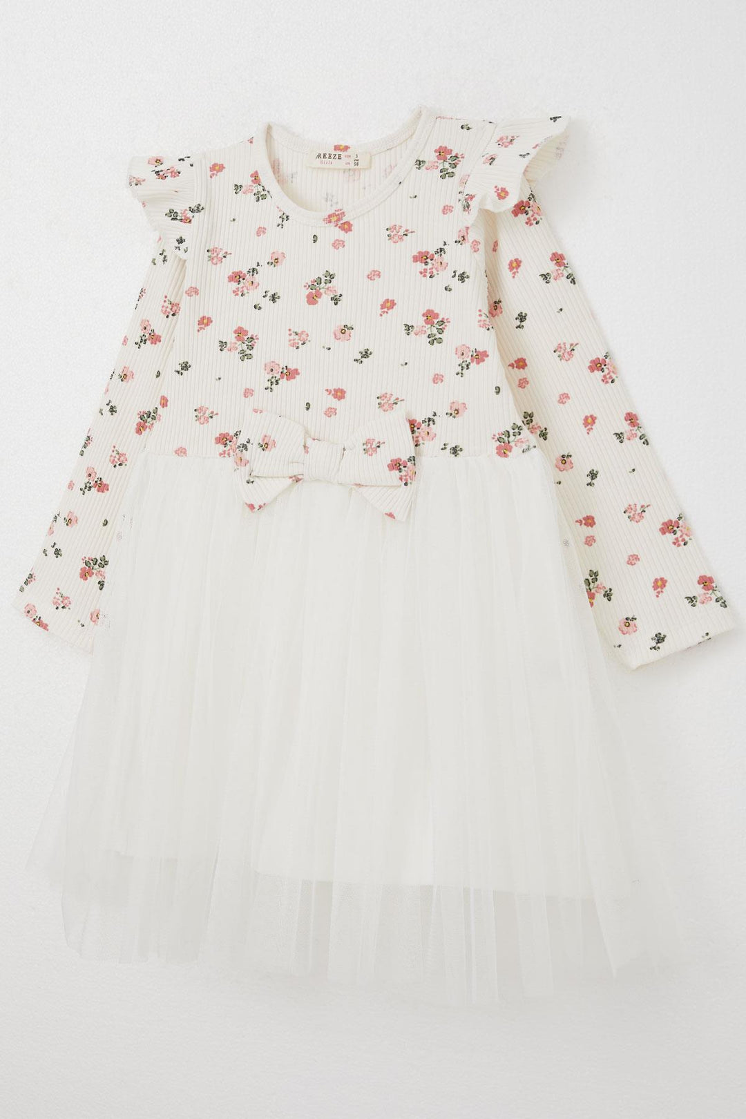 BRE Breeze Girl Child Long Sleeve Dress with Flower Pattern Bow 3-8 Years, Ecru - Adelanto