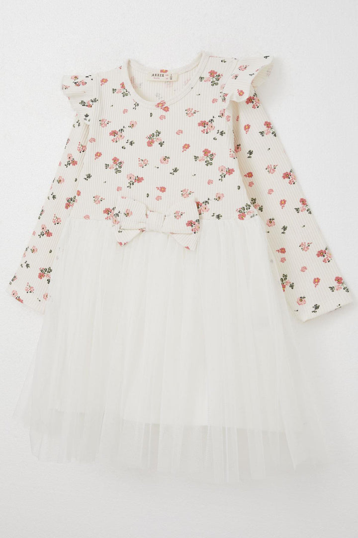 BRE Breeze Girl Child Long Sleeve Dress with Flower Pattern Bow 3-8 Years, Ecru - Adelanto