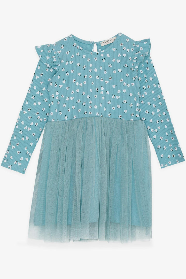 BRE Breeze Girl Child Long Sleeve Dress with Flower Pattern Ruffled Shoulders 3-8 Years, Aqua Green - Fountain Valley