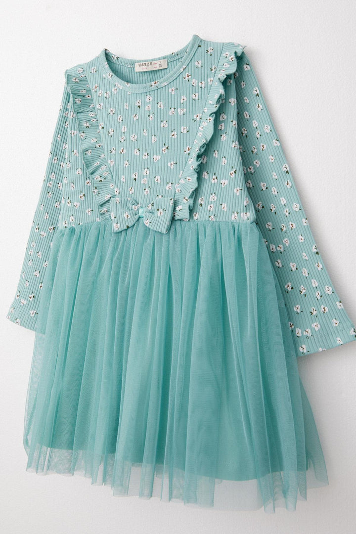 BRE Breeze Girl Child Long Sleeve Dress with Floral Bow 2-6 Years, Aqua Green - Athens